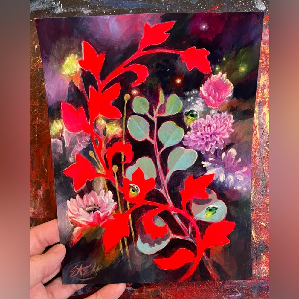 Original Floral Art Painting Red Flowers nature surrealism Green Eucalyptus EAEH